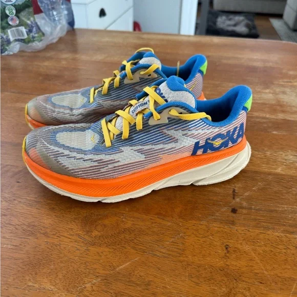 Hoka Clifton 9 Kids Sneakers - Blue, Orange, and Yellow - Picture 1 of 5